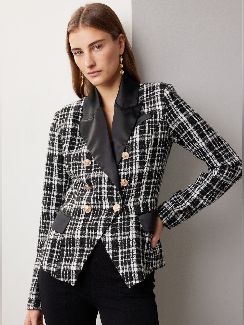 Rachel Parcell Black and White Plaid Double-Breasted Blazer